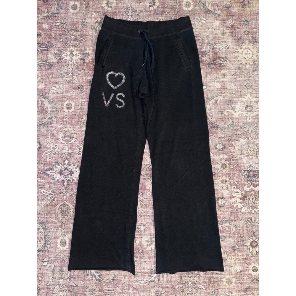 Victoria's Secret Black Sequin Heart VS Logo Wide Leg Oversized Sweatpants XS